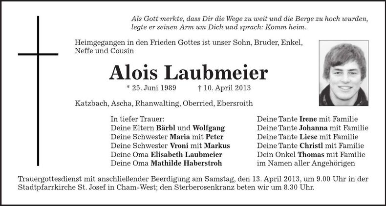 Traueranzeige Alois Laubmeier