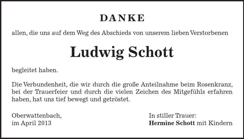 Traueranzeige Ludwig Schott