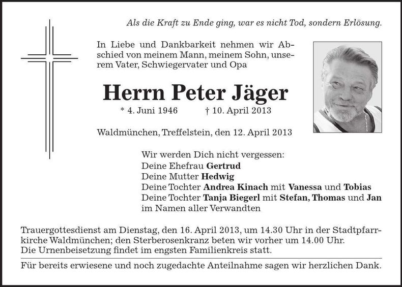 Traueranzeige Peter Jäger