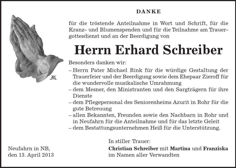 Traueranzeige Erhard Schreiber