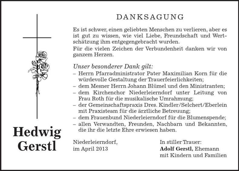 Traueranzeige Hedwig Gerstl