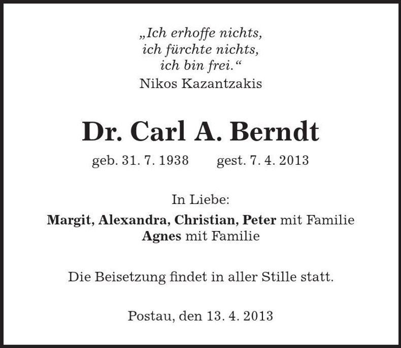 Traueranzeige Carl A. Berndt