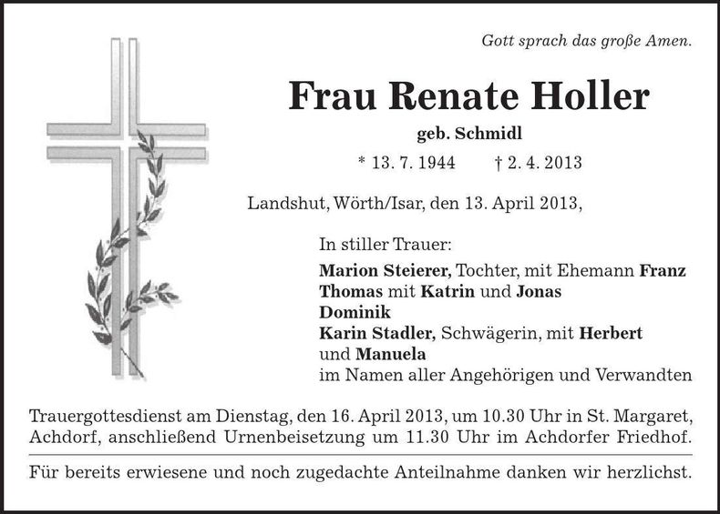 Traueranzeige Renate Holler