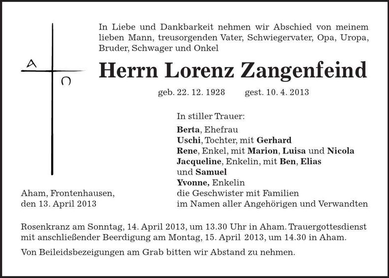 Traueranzeige Lorenz Zangenfeind