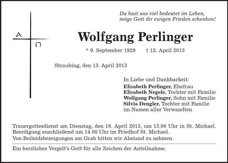 Traueranzeige Wolfgang Perlinger