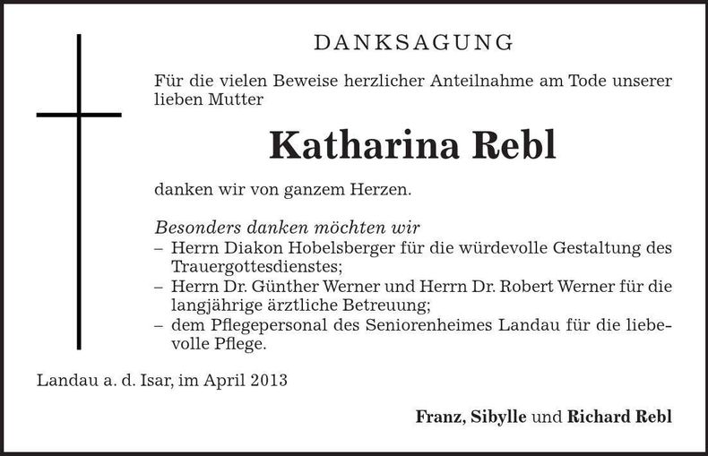 Traueranzeige Katharina Rebl