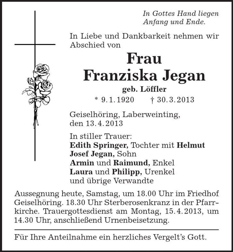 Traueranzeige Franziska Jegan
