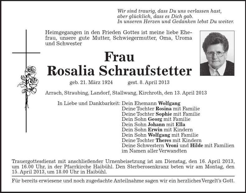 Traueranzeige Rosalia Schraufrstetter