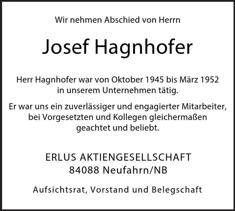 Traueranzeige Josef Hagenhofer