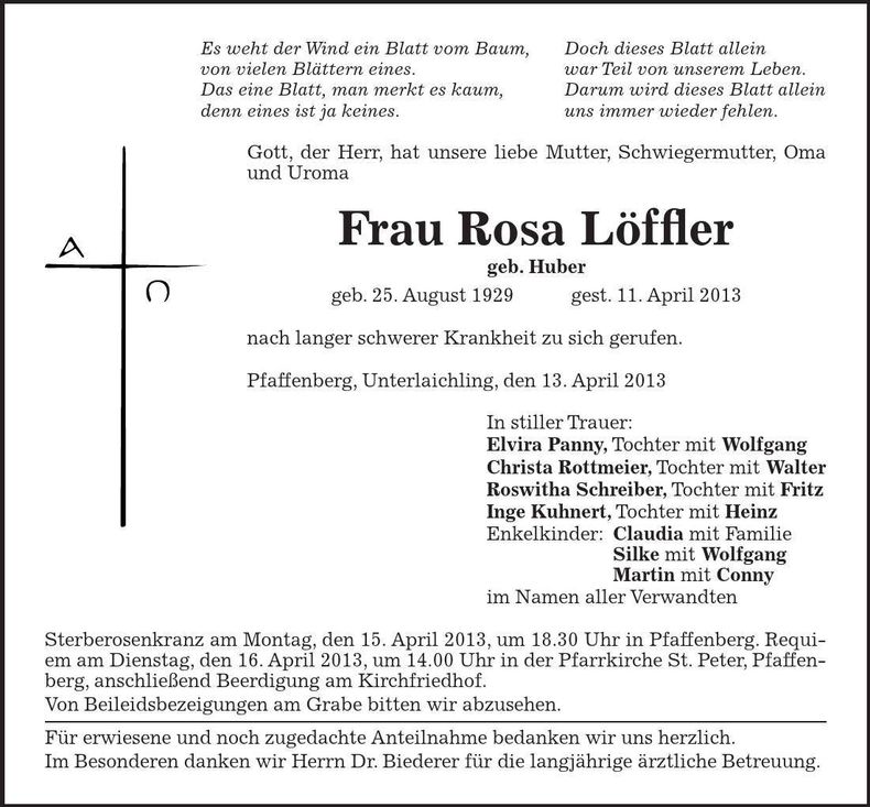 Traueranzeige Rosa Löffler