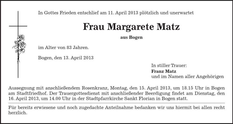 Traueranzeige Margarete Matz