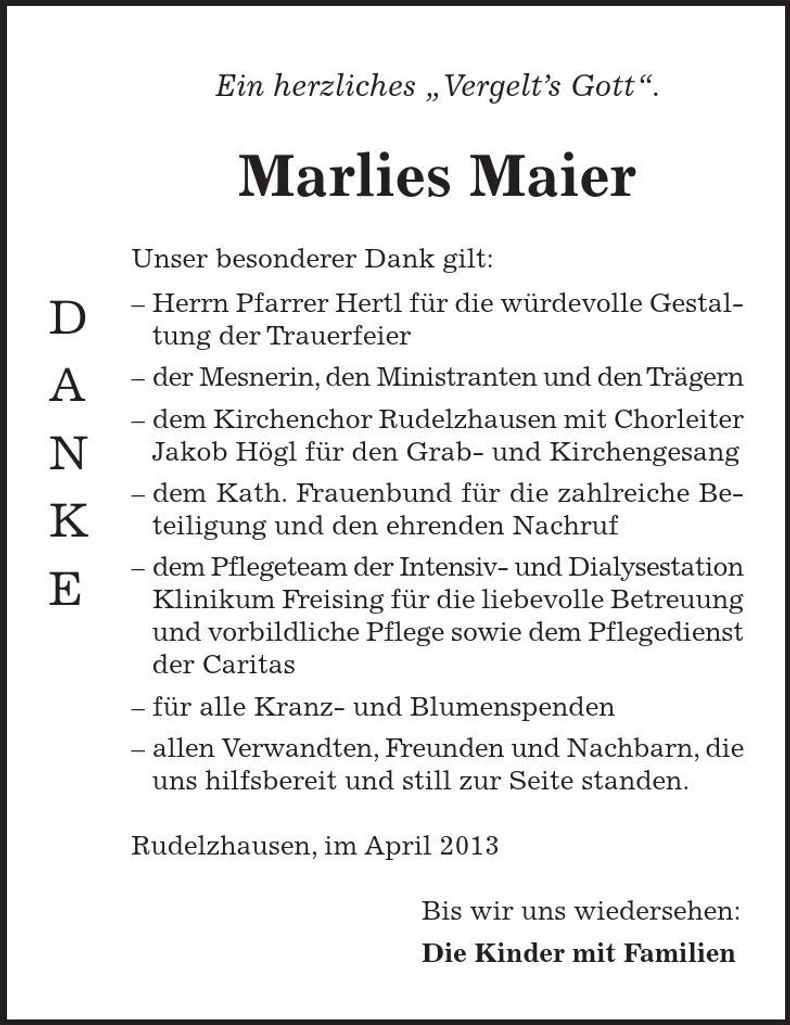 Traueranzeige Marlies Maier