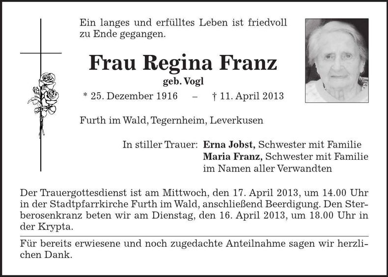 Traueranzeige Regina Franz