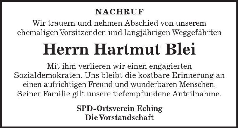Traueranzeige Hartmut Blei