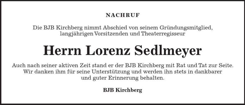 Traueranzeige Lorenz Sedlmeyer