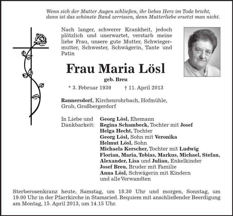 Traueranzeige Maria Lösl