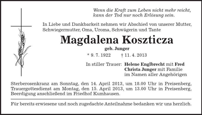 Traueranzeige Magdalena Koszticza