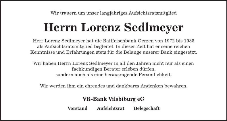 Traueranzeige Lorenz Sedlmeyer