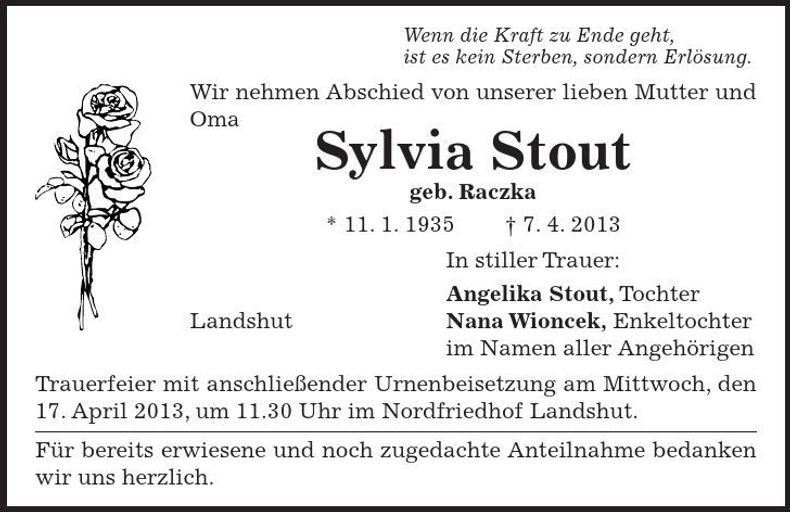 Traueranzeige Sylvia Stout