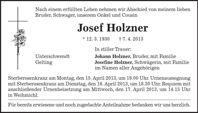Traueranzeige Josef Holzner