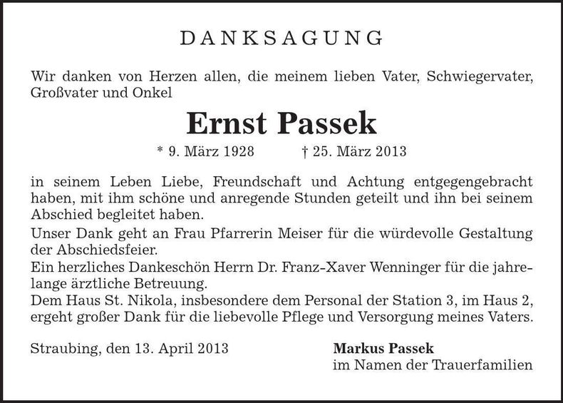 Traueranzeige Ernst Passek