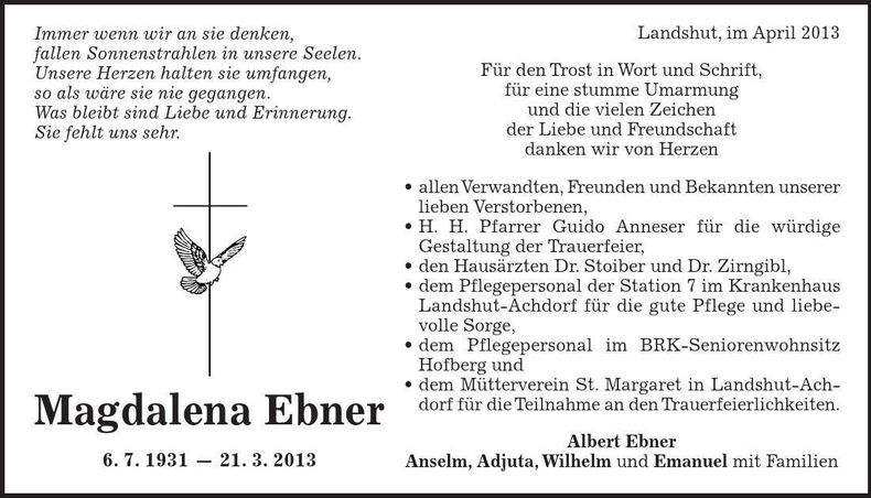 Traueranzeige Magdalena Ebner