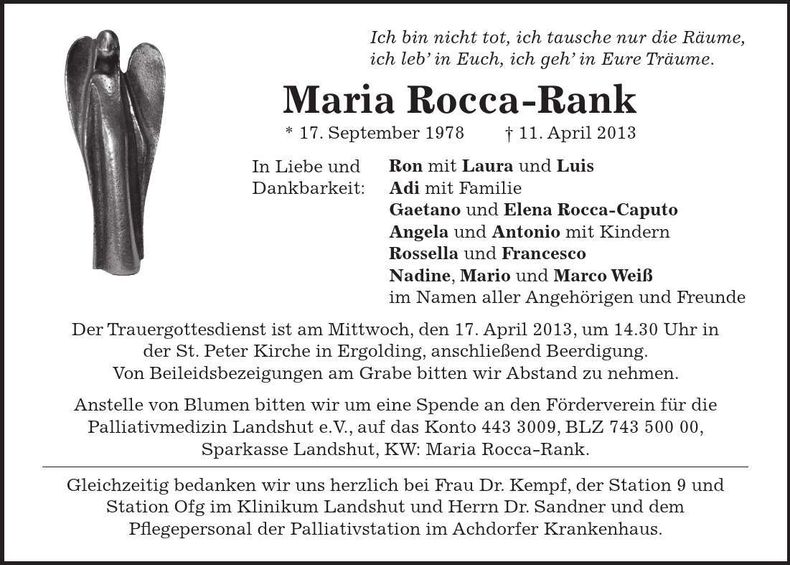 Traueranzeige Maria Rocca-Rank