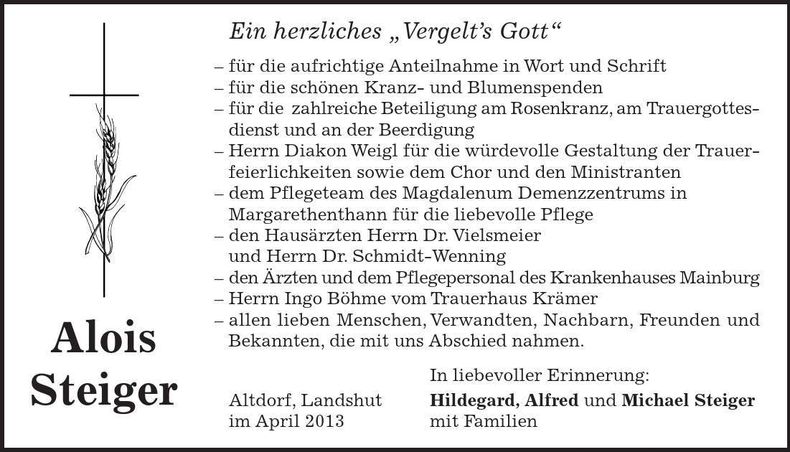 Traueranzeige Alois Steiger