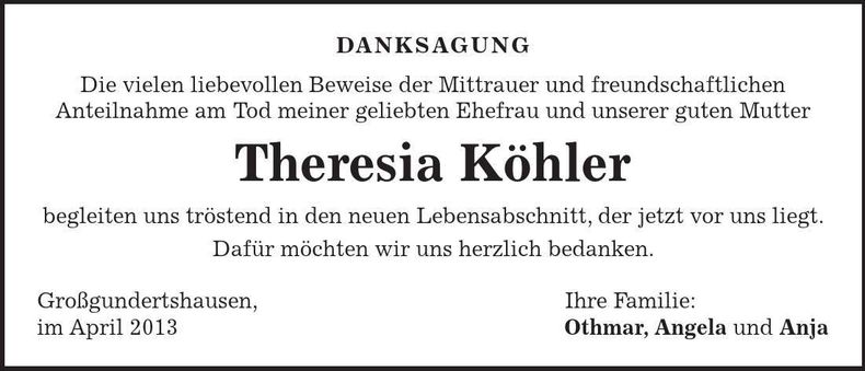 Traueranzeige Theresia Köhler
