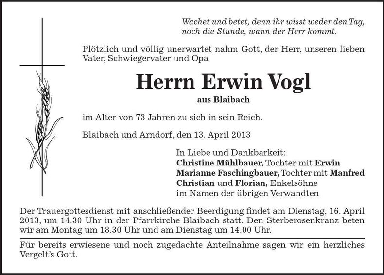 Traueranzeige Erwin Vogl