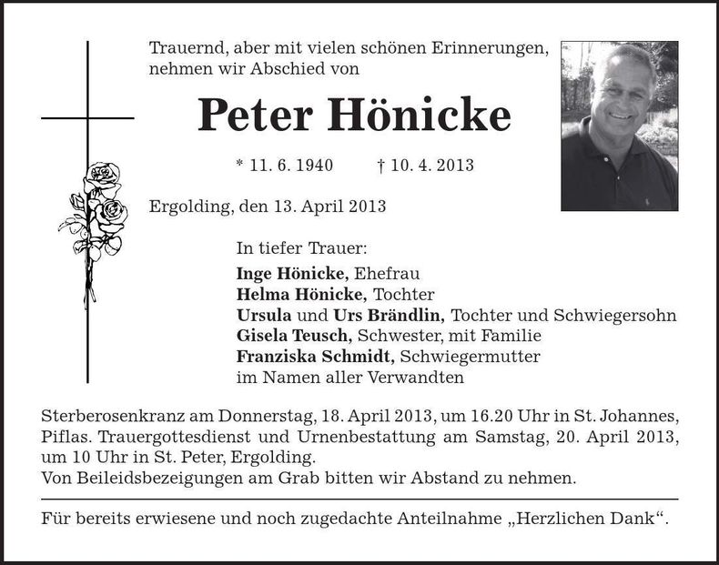 Traueranzeige Peter Hönicke