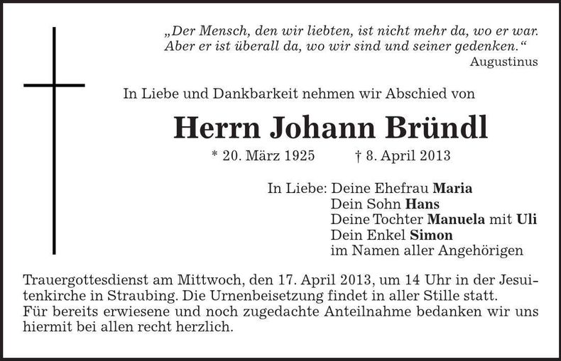 Traueranzeige Johann Bründl