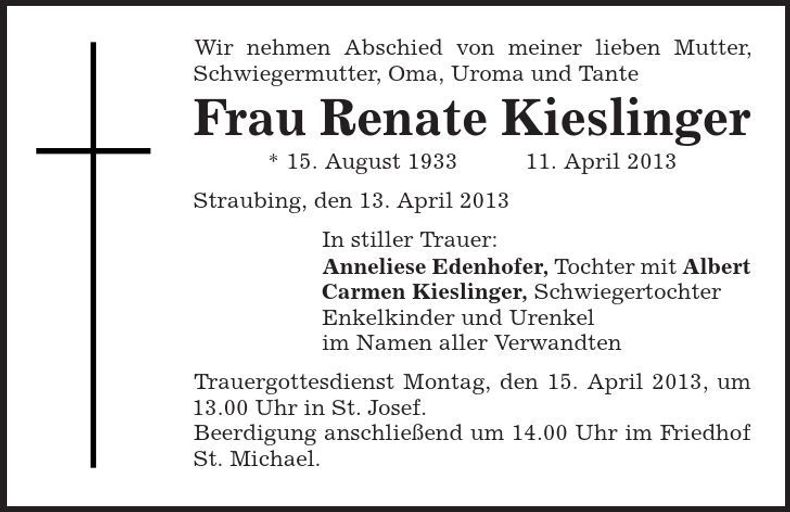 Traueranzeige Renate Kieslinger