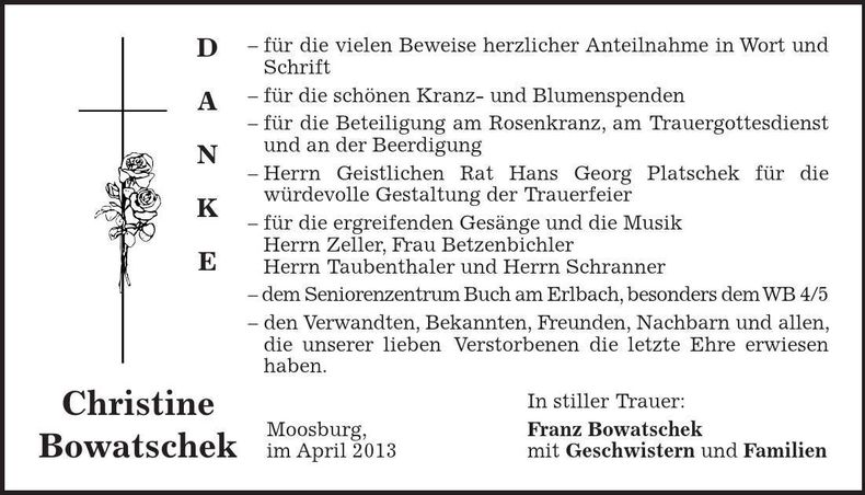 Traueranzeige Christine Bowatschek