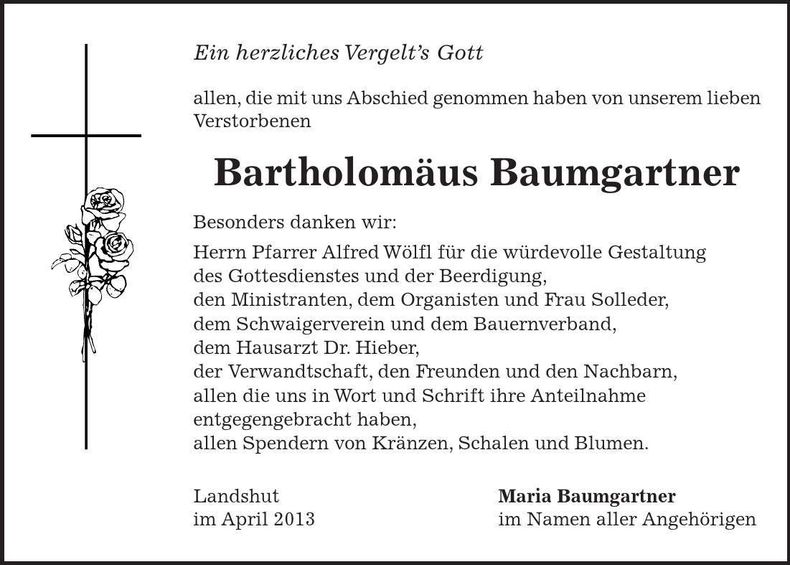 Traueranzeige Bartholomäus Baumgartner