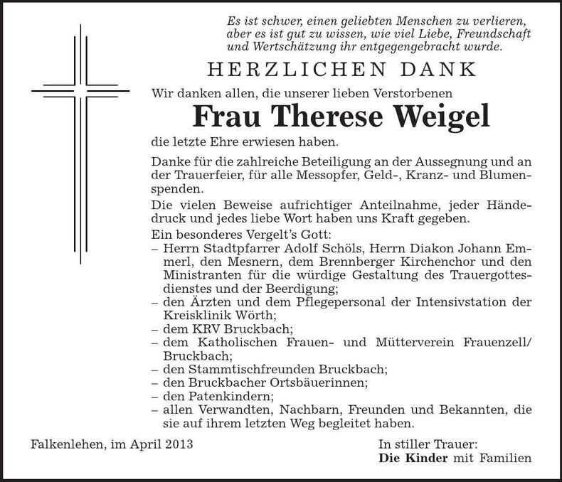 Traueranzeige Therese Weigel
