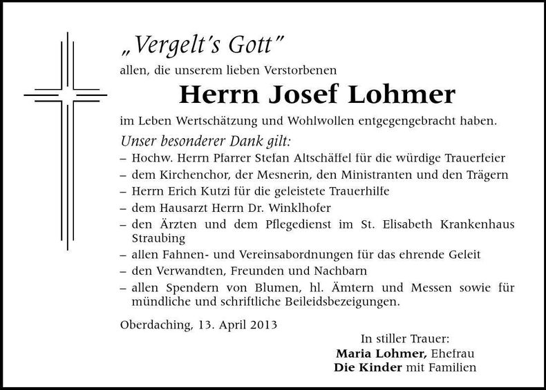 Traueranzeige Josef Lohmer