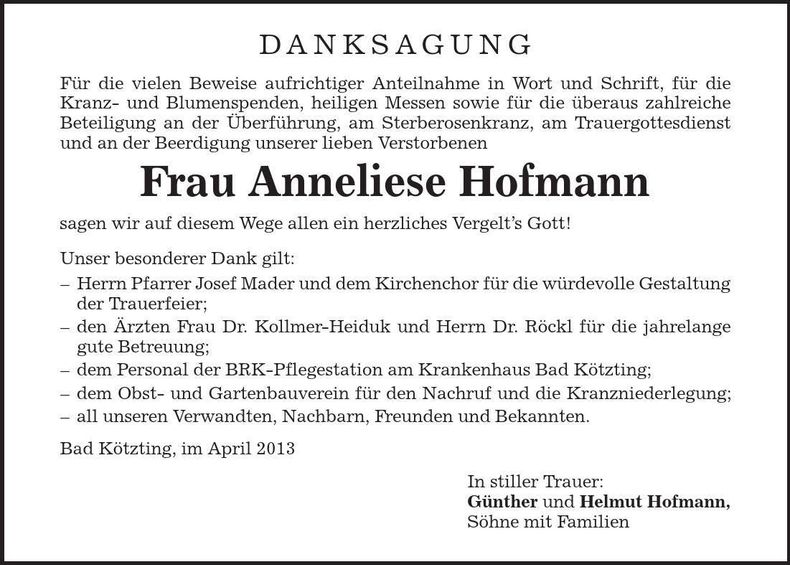 Traueranzeige Anneliese Hofmann