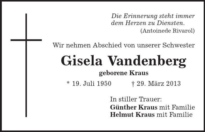 Traueranzeige Gisela Vandenberg