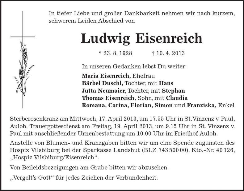 Traueranzeige Ludwig Eisenreich