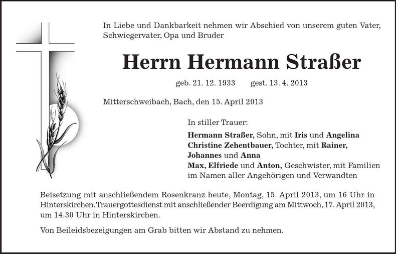 Traueranzeige Hermann Straßer