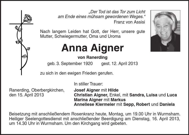 Traueranzeige Anna Aigner