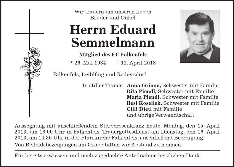 Traueranzeige Eduard Semmelmann
