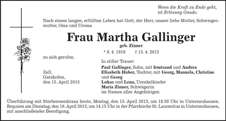 Traueranzeige Martha Gallinger