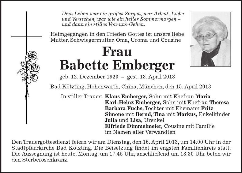 Traueranzeige Babette Emberger
