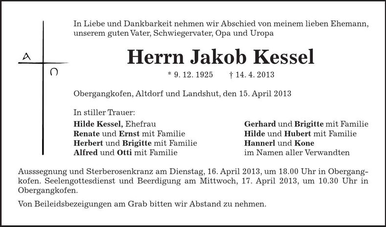 Traueranzeige Jakob Kessel