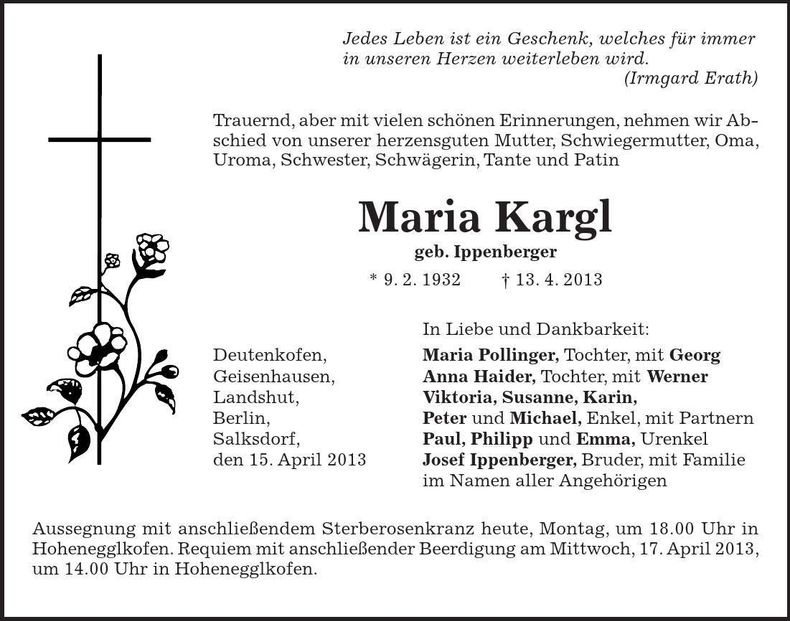 Traueranzeige Maria Kargl