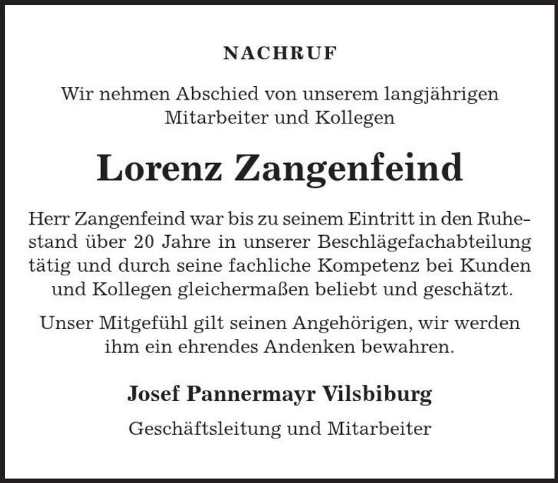 Traueranzeige Lorenz Zangenfeind
