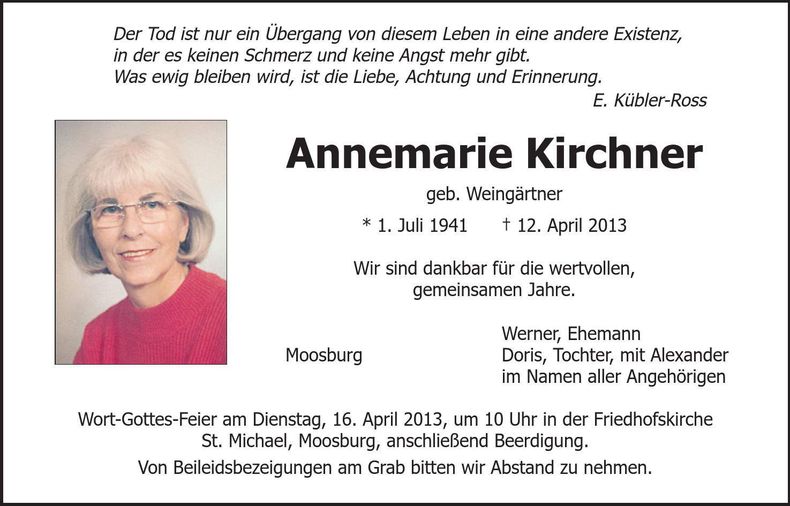 Traueranzeige Annemarie Kirchner