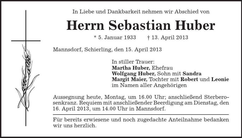 Traueranzeige Sebastian Huber